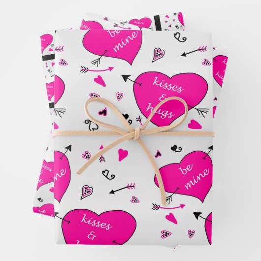 Valentijnsdag Roze harten Hugs n Kisses Inpakpapier Vel (In situ)