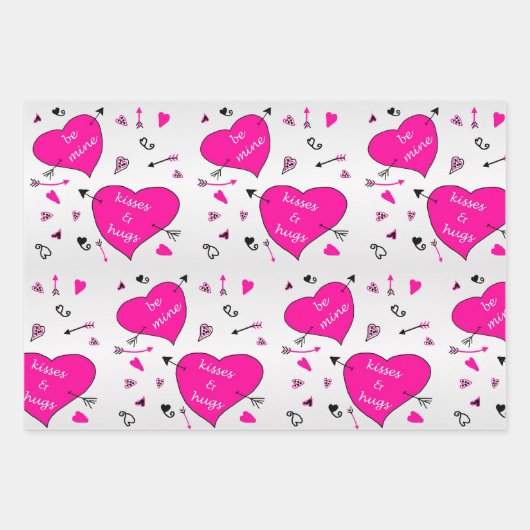 Valentijnsdag Roze harten Hugs n Kisses Inpakpapier Vel (Voorkant)