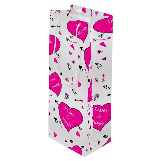 Valentijnsdag Roze harten Hugs n Kisses Wijn Cadeautas (Voorkant Gekanteld)