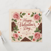 Valentijnsdag Roze Rozen Chocoladerepen Kaart (Voorkant / Achterkant in situ)
