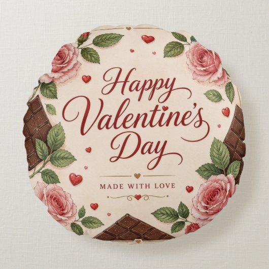 Valentijnsdag Roze Rozen Chocoladerepen Rond Kussen (Voorkant)