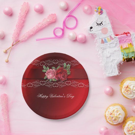 Valentijnsdag Roze Rozen Wit Hart Papieren Bordje (Feest)