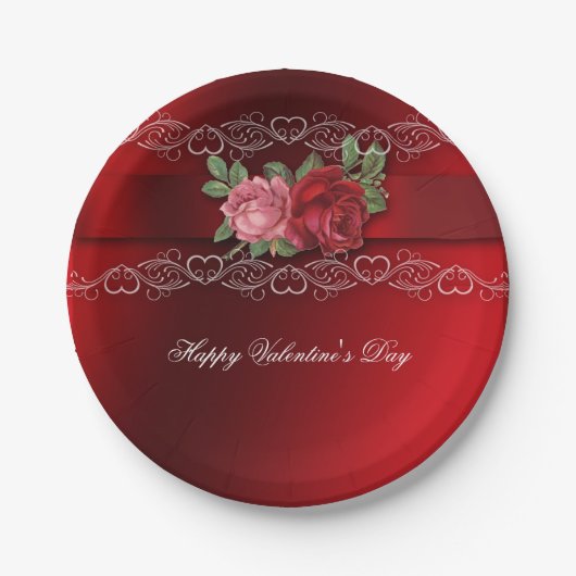 Valentijnsdag Roze Rozen Wit Hart Papieren Bordje (Voorkant)