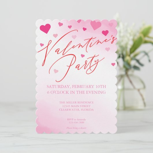 Valentijnsdag Roze Waterverf Partij Uitnodiging (Staand voorkant)