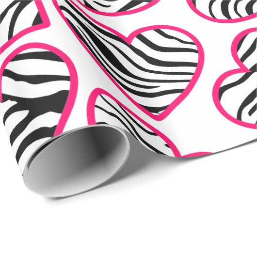 Valentijnsdag Roze Witte Zebra Harten Patroon Cadeaupapier (Rol Hoek)