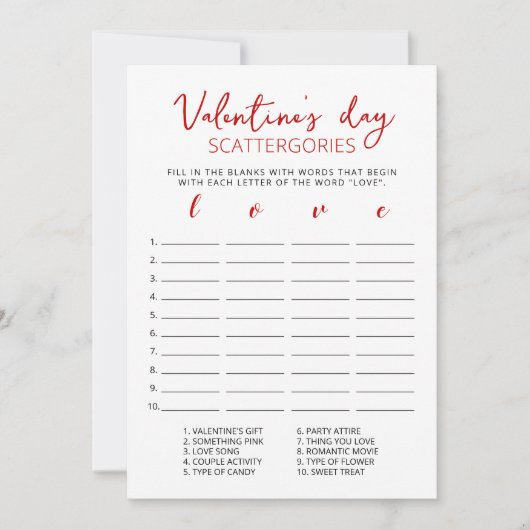 Valentijnsdag Scattergories bewerkbaar spelkaart Kaart (Voorkant)