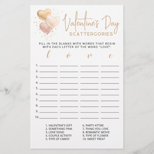 Valentijnsdag Scattergories editable game (Voorkant)
