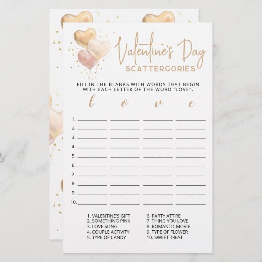 Valentijnsdag Scattergories editable game (Voorkant / Achterkant)