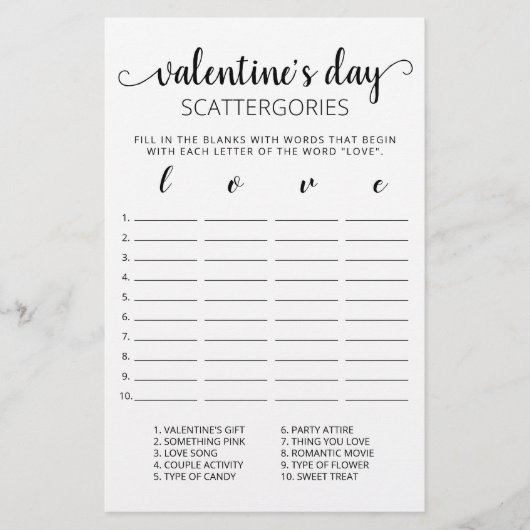 Valentijnsdag Scattergories editable game (Voorkant)