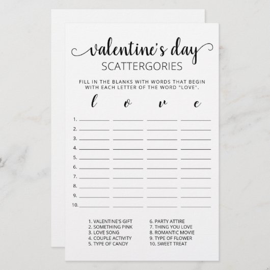 Valentijnsdag Scattergories editable game (Voorkant / Achterkant)