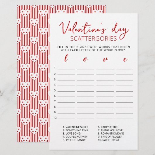 Valentijnsdag Scattergories editable game (Voorkant / Achterkant)