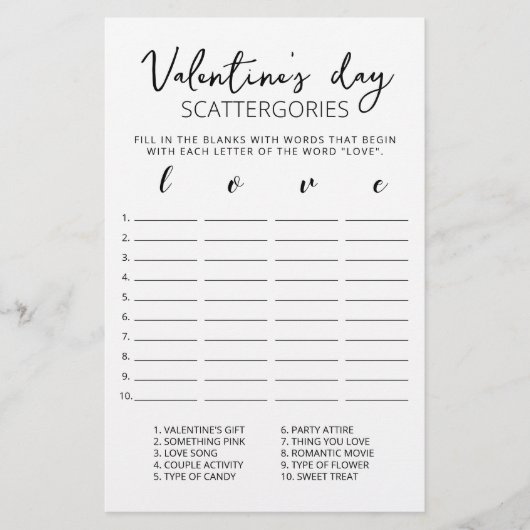 Valentijnsdag Scattergories editable game (Voorkant)