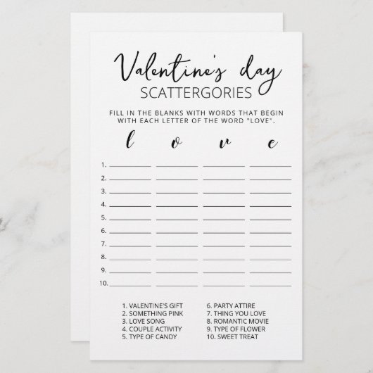 Valentijnsdag Scattergories editable game (Voorkant / Achterkant)