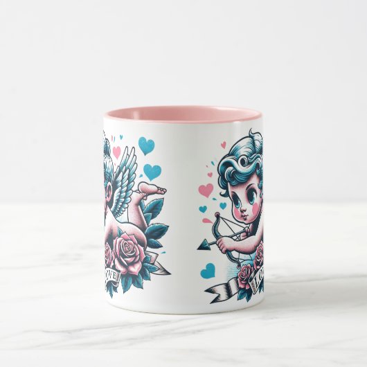 Valentijnsdag schattig roze blauwgroen Cupido Mok (Midden)