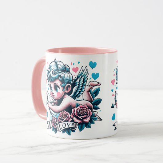 Valentijnsdag schattig roze blauwgroen Cupido Mok (Voorkant links)