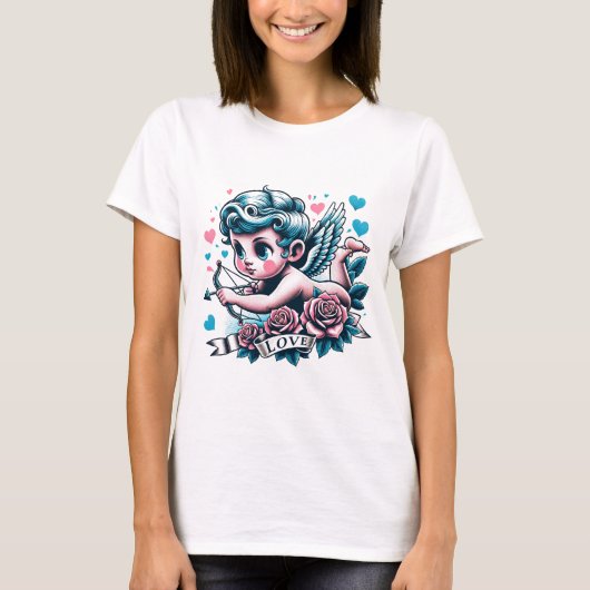 Valentijnsdag schattig roze blauwgroen Cupido T-shirt (Voorkant)