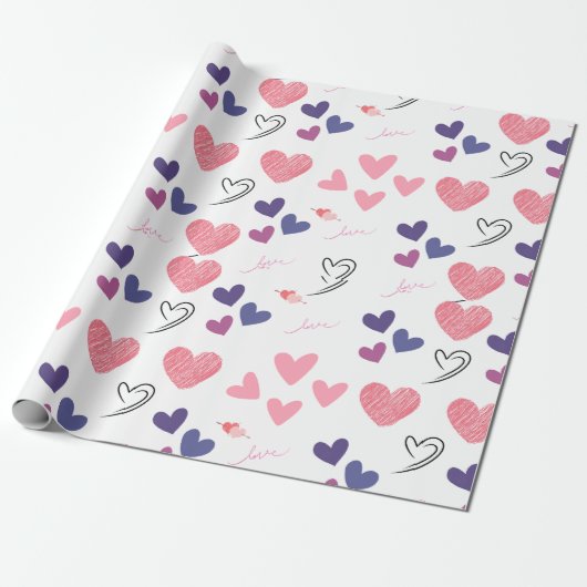 Valentijnsdag schattig roze en paars hart cadeaupapier (Uitgerold)