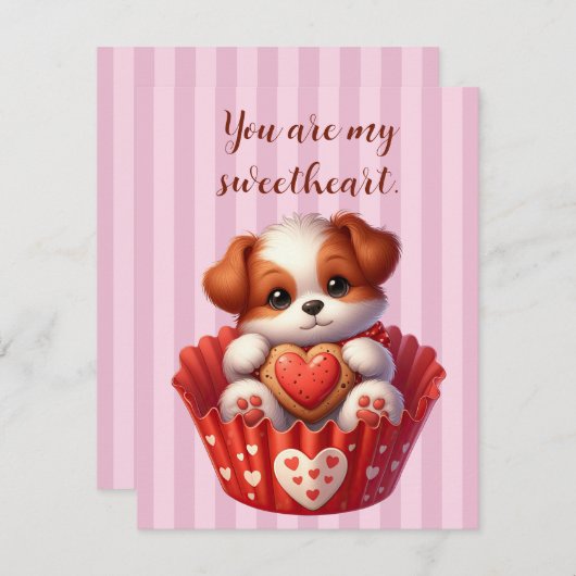 Valentijnsdag Schattige Dog in een Cupcake Feestdagenkaart (Voorkant / Achterkant)