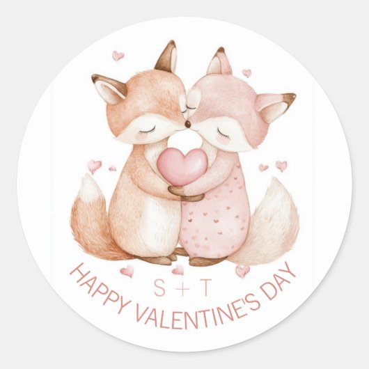 Valentijnsdag Schattige Fox Paar Custom Initialen Ronde Sticker (Voorkant)