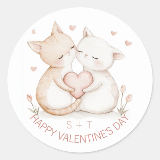 Valentijnsdag Schattige Kattenpaar Custom Initiale Ronde Sticker (Voorkant)
