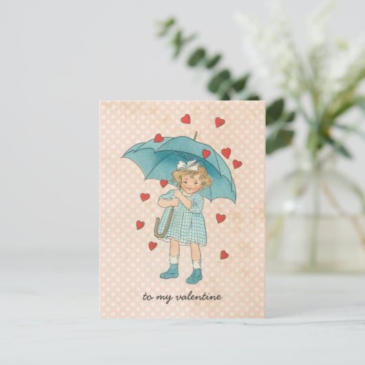  Valentijnsdag Schattige meisje regent harten Feestdagenkaart (Staand voorkant)