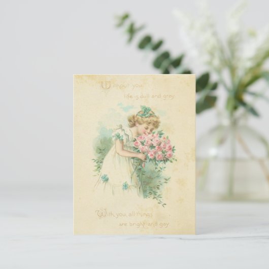  Valentijnsdag Schattige Meisje Roze Rozen Liefde Feestdagenkaart (Staand voorkant)