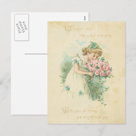  Valentijnsdag Schattige Meisje Roze Rozen Liefde Feestdagenkaart (Voorkant / Achterkant)