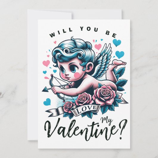 Valentijnsdag schattige roze turquoise cupido feestdagenkaart (Voorkant)