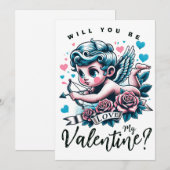 Valentijnsdag schattige roze turquoise cupido feestdagenkaart (Voorkant / Achterkant)