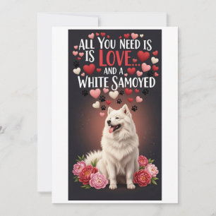 Valentijnsdag Schattige witte samojed  Foto knuffe Feestdagenkaart