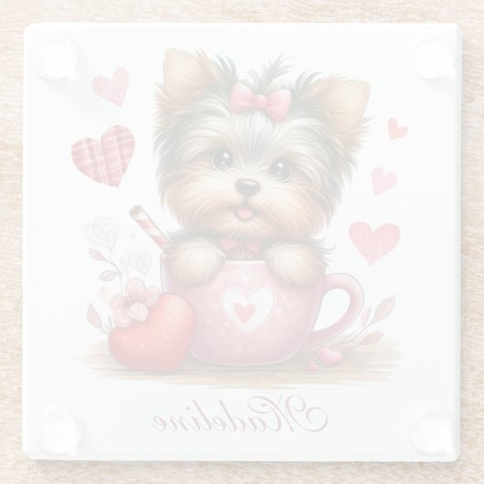 Valentijnsdag Schattige Yorkshire Terrier Dog Glazen Onderzetter (Achterkant)
