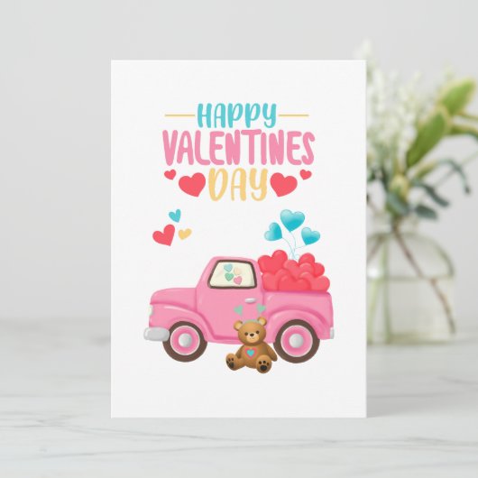 Valentijnsdag Schattigee Harten Roze Truck Teddy B Feestdagenkaart (Staand voorkant)