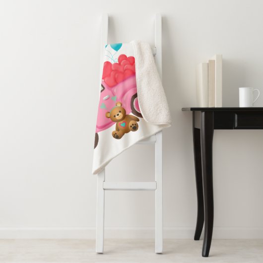 Valentijnsdag Schattigee Harten Roze Truck Teddy B Sherpa Deken (In situ)