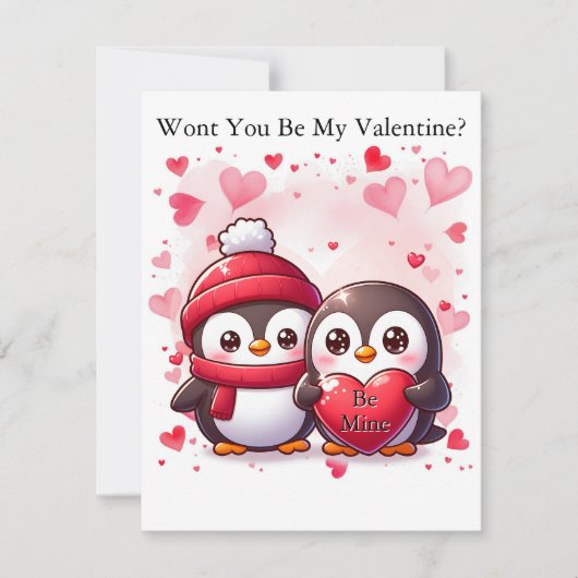 Valentijnsdag Schattigee pinguïn Naam toevoegen aa Feestdagenkaart (Voorkant)