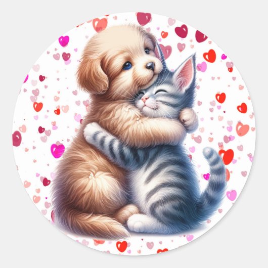 Valentijnsdag Schattigee Puppy & Kat Knuffel Ronde Sticker (Voorkant)
