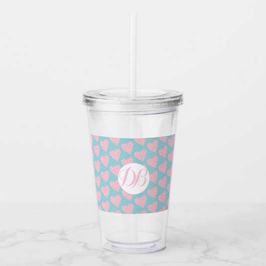 Valentijnsdag Scribble Hearts Monogram Acryl Drinkbeker (Voorkant)