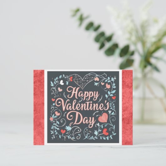 Valentijnsdag Script Red Heart Floral Briefkaart (Staand voorkant)