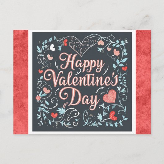 Valentijnsdag  Script Red Heart Floral Briefkaart (Voorkant)