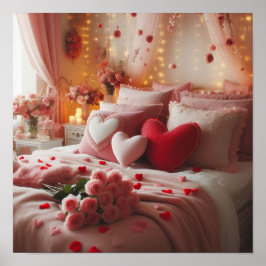 Valentijnsdag slaapkamer gedecoreerd met harten op poster