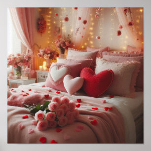 Valentijnsdag slaapkamer gedecoreerd met harten op poster