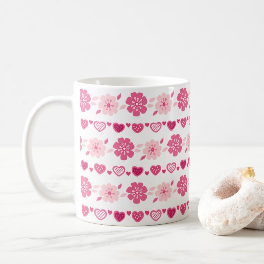 Valentijnsdag Snoep Hearts Flowers Patroon Koffiemok (Met donut)