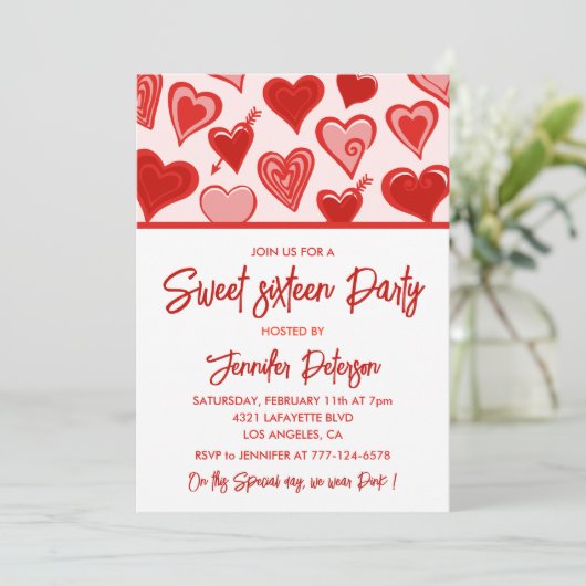 Valentijnsdag Sweet 16 Uitnodigingen Februari Rood (Staand voorkant)