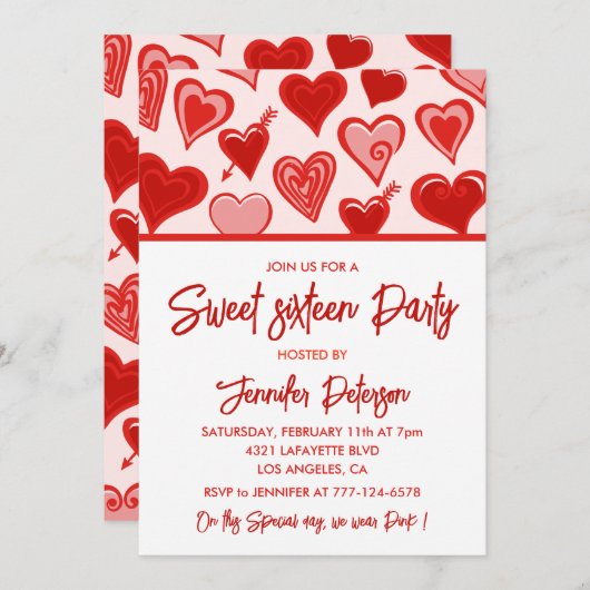 Valentijnsdag Sweet 16 Uitnodigingen Februari Rood (Voorkant / Achterkant)