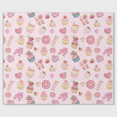 Valentijnsdag Sweets en Cupcakes Roze Cadeaupapier (Vlak)