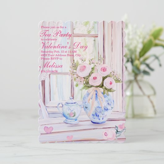 Valentijnsdag Tea Party bewerkbare uitnodiging (Staand voorkant)