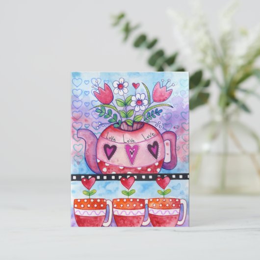 Valentijnsdag Tea Pot en Whimsical Hearts Feestdagenkaart (Staand voorkant)