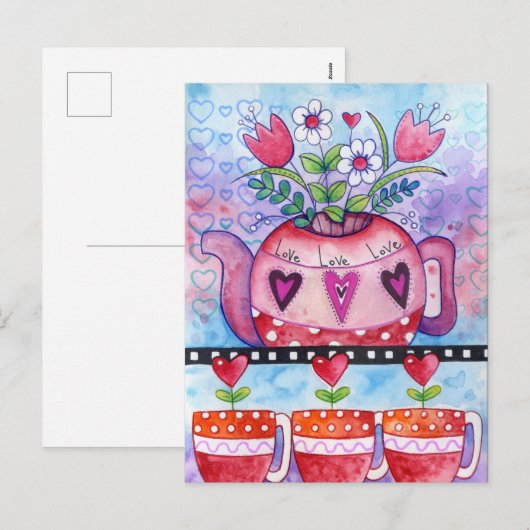 Valentijnsdag Tea Pot en Whimsical Hearts Feestdagenkaart (Voorkant / Achterkant)