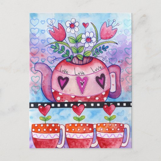 Valentijnsdag Tea Pot en Whimsical Hearts Feestdagenkaart (Voorkant)
