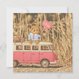 Valentijnsdag: Teddbeer & Roze Vintage Auto Feestdagenkaart