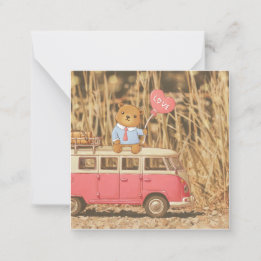 Valentijnsdag: Teddbeer & Roze Vintage Auto Notitiekaartje